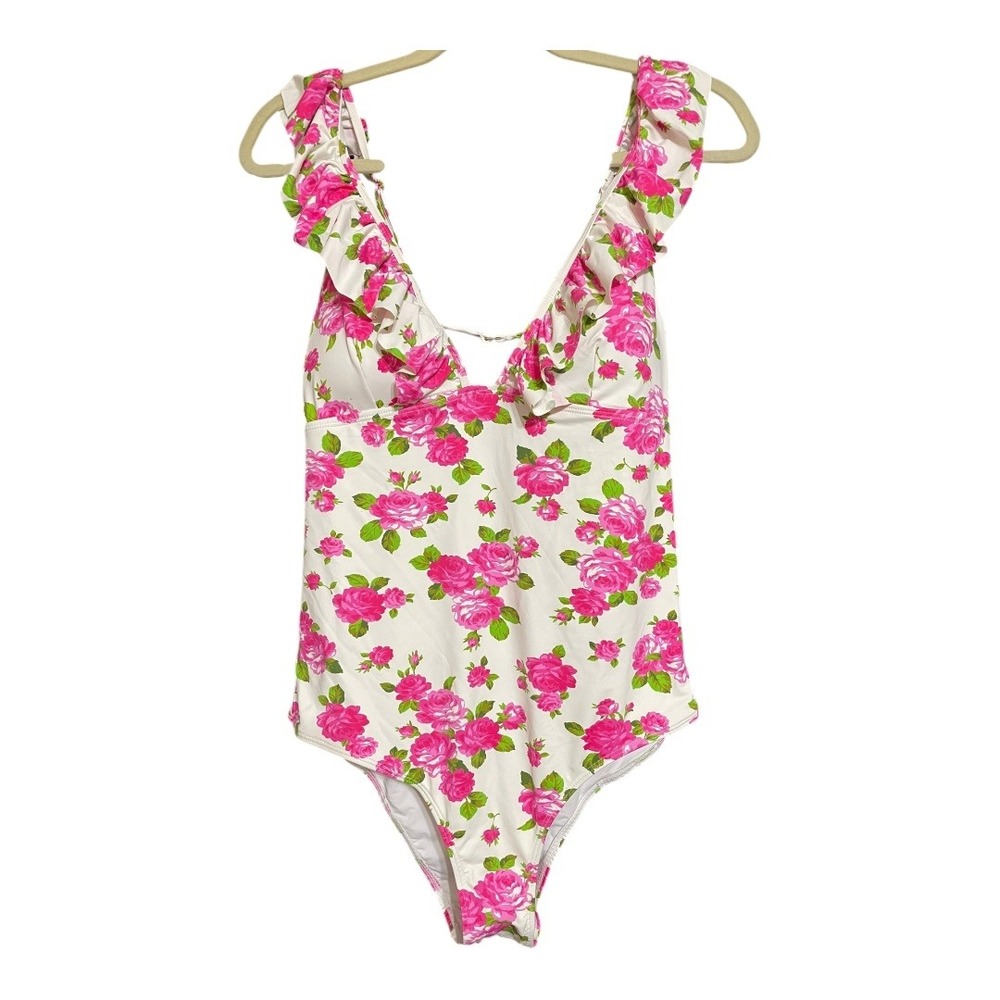 Betsey Johnson Ruffle Swimsuit Love Always Print One Piece Bathing Suit L